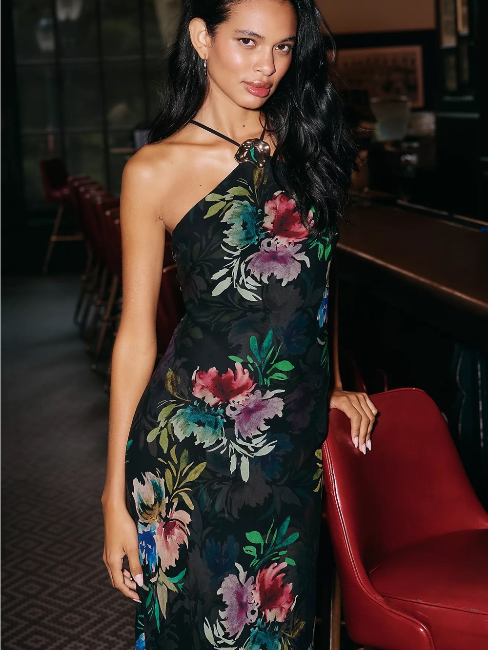Anthropologie Black Floral Ring-Halter Maxi Dress